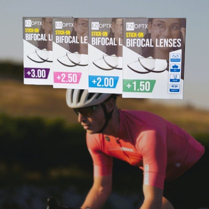 Cyclist using EziOptx bifocal stick-on lenses while racing